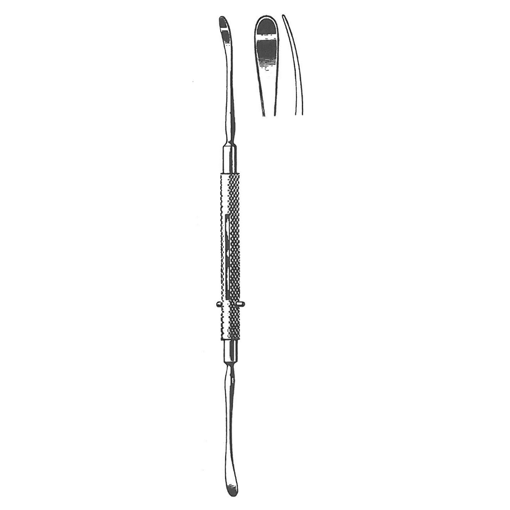 Freer Periosteal elevator, double-ended, 19 cm long, 5 mm wide, one end sharp and one end blunt