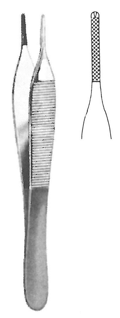 Adson HM Tissue and suture forceps, 1 x 2 teeth, 12 cm long, with tungsten carbide inserts