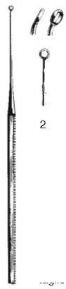 45115-02 : Buck Ear curette, curved, blunt, 15 cm long, fig. 2, 2.7 mm diameter