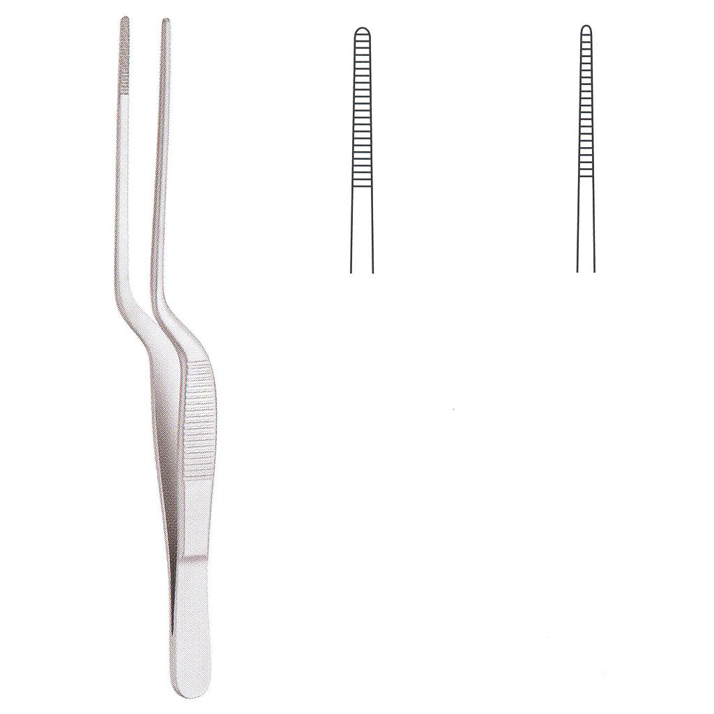 073074-01 : Lucae Bayonet dressing forceps, serrated tips, 14 cm long, delicate pattern