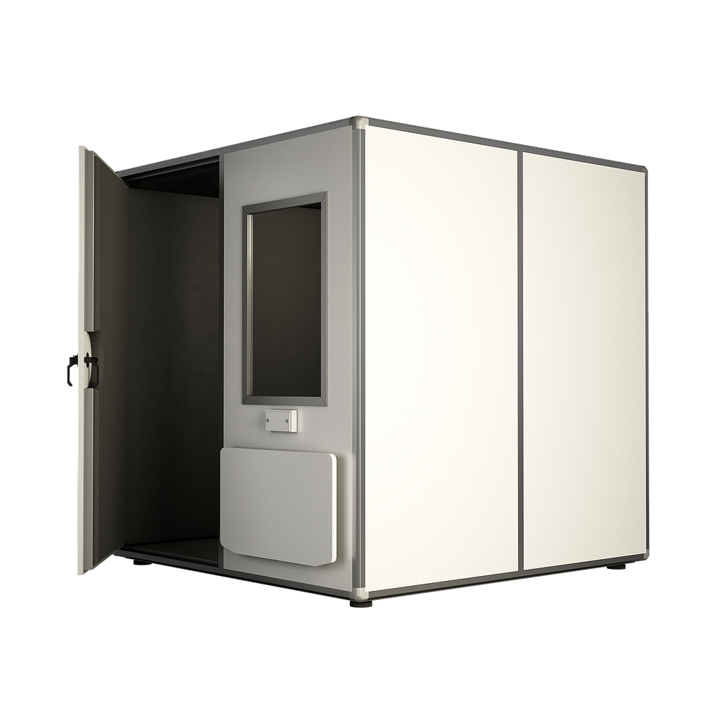 P35F1.3X2-COMPLETE : PRO 35F Soundproof booth, external dimension 132 x 211 x 244 cm, containing external folding table