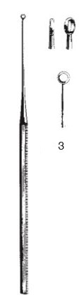 Buck Ear curette, straight, sharp, 14.5 cm long, fig. 3, 3.4 mm diameter