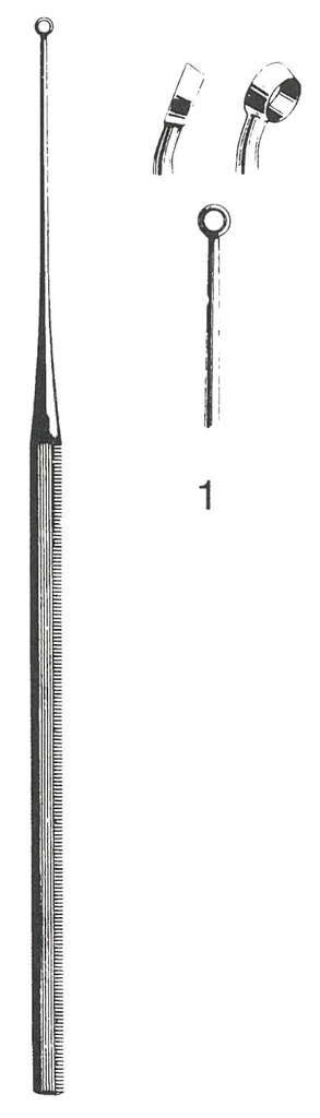 Buck Ear curette, curved, sharp, 15 cm long, fig. 2, 2.7 mm diameter