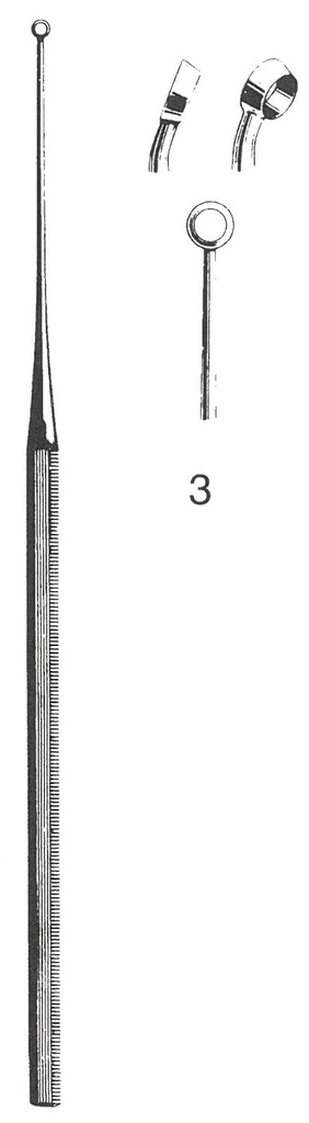 Buck Ear curette, curved, sharp, 15 cm long, fig. 3, 3.4 mm diameter