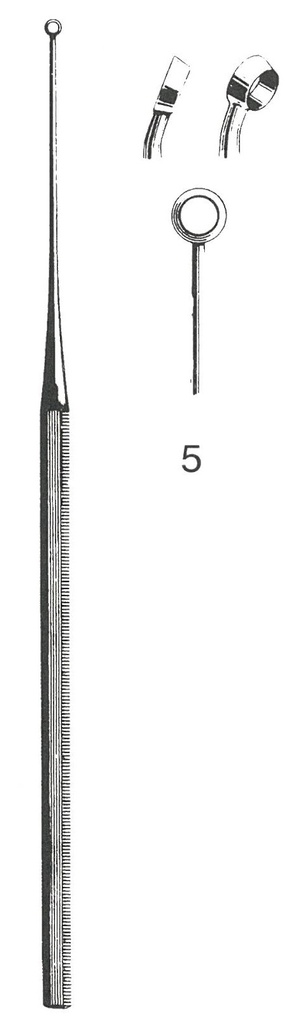 Buck Ear curette, curved, sharp, 15 cm long, fig. 5, 4.5 mm diameter
