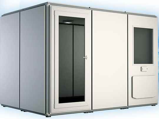 P45S3X3W-COMPLETE : P45S3X2W-COMPLETE : Puma PRO45S Soundproof booth, external dimensions: 318 x 318 x 247 cm, internal dimensions: 200 x 200 x 201 cm, connection pannel and ventilation system included, total glass door with 75 cm wide opening, external folding table included