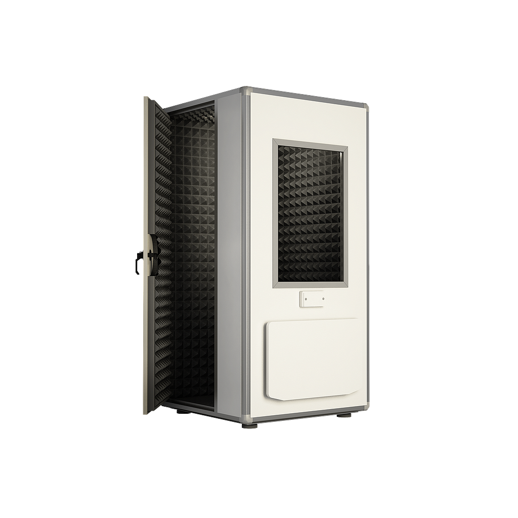 P30MAXIW-COMPLETE : PRO 30 MAXI Soundproof booth, external dimension 132 x 132 x 218 cm, containing external folding table and window on the door