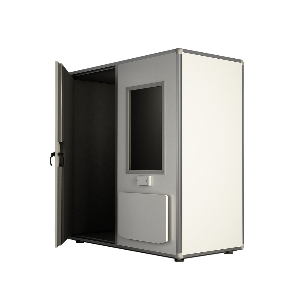 P301X1.3-COMPLETE : PRO 30 Soundproof booth, external dimension 107 x 132 x 244 cm, containing external folding table and window on the door