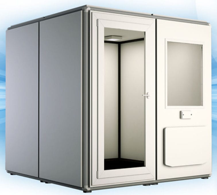 P45S2X2W-COMPLETE : Puma PRO45S Soundproof booth, external dimensions: 216 x 216 x 247 cm, connection pannel and ventilation system included, total glass door with 75 cm wide opening, external folding table included