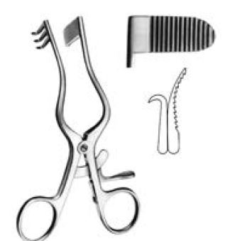 [00022386] 19636-14: Perkins Self-retaining retractor, 3 sharp prongs on left side, valve on right side, 13 m long