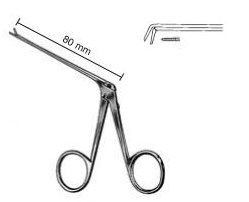 [00022469] 45359-40: Micro ear forceps, 4 mm, down angled, very delicate pattern, diameter of shaft 0.8 mm, length of shaft 80 mm, grasping forcept, extra long jaws, serrated