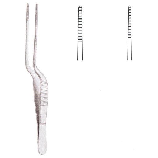 [00000459] 073074-01: Lucae Bayonet dressing forceps, serrated tips, 14 cm long, delicate pattern
